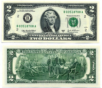 США 2 доллара 2003 А, буква "В", НЬЮ ЙОРК, ШТАТ НЬЮ-ЙОРК Pick 516b бумага UNC (пресс) 7220-69-1-2