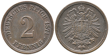ГЕРМАНИЯ 2 ПФЕННИГА 1874 А, СТАРОГЕРБОВКА KM 2, J. 2 медь 100-915