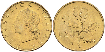 Италия 20 лир 1996 R, дубовый лист KM 97.2 алюминиевая бронза  UNC  4594-1047