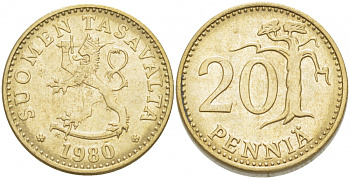 ФИНЛЯНДИЯ 20 ПЕННИ 1980 K KM 47 алюминиевая бронза 3718-642