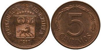 Венесуэла 5 сентимо 1977 KM 49 сталь плакированная бронзой 4576-654