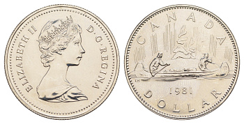 Канада 1 доллар 1981 Елизавета II (1952-2022), каноэ KM 120 никель PROOF-LIKE (BU) 4185-845