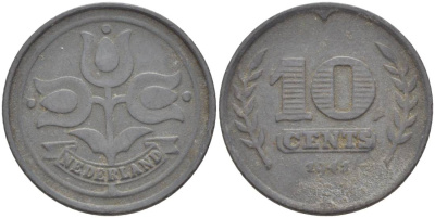 НИДЕРЛАНДЫ 10 ЦЕНТОВ 1941 ВИЛЬГЕЛЬМИНА I (1891-1948), ГЕРМАНСКАЯ ОККУПАЦИЯ, ВТОРАЯ МИРОВАЯ ВОЙНА KM 173 цинк 4548-833