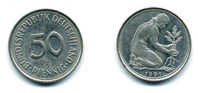 ФРГ 50 ПФЕННИГОВ 1991 F KM 109.2, J 384a медно-никель 25-1855