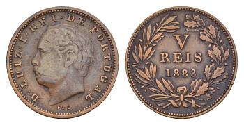 Португалия 5 реалов (рейсов) 1883 Луиш I (1861-1889) KM 525 бронза 4658-1258