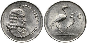 ЮАР 5 ЦЕНТОВ 1965 SOUTH, ЯН ВАН РИБЕК (1619-1677), ГОЛАНДСКИЙ ИССЛЕДОВАТЕЛЬ , МОРЕПЛАВАТЕЛЬ, ОСНОВАТЕЛЬ Г. КЕЙПТАУНА, РАЙСКИЙ ЖУРАВЛЬ, АНГЛИЙСКАЯ ЛЕГЕНДА KM 67.1 никель 4549-447