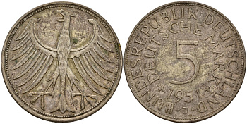 ФРГ 5 марок 1951 J (Гамбург), J. 387, KM 112.1 серебро 4157-1041