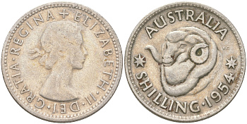 Австралия 1 шиллинг 1954 M, Елизавета II (1952-2022), овца меринос KM 53 серебро 4622-146