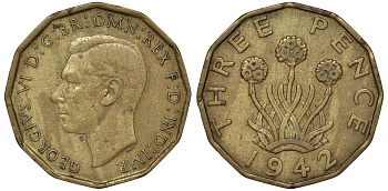 Великобритания 3 пенса 1942 Георг VI (1936-1952) KM 849, Spink 4112 никель латунь 62-231