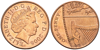 Великобритания 1 пенни 2008 Елизавета II (1952-2022) KM 1107, Spink B6 сталь плакированная медью 4609-643