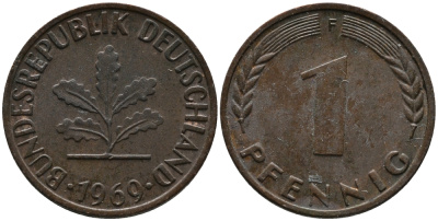 ФРГ 1 пфенниг 1969 F KM 105, J.380 сталь плакированная медью 99-268