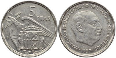 Испания 5 песет 1957 (75) Франциско Франко (1939-1975) KM 786 медно-никель 4397-615
