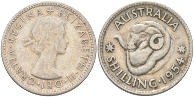 Австралия 1 шиллинг 1954 M, Елизавета II (1952-2022), овца меринос KM 53 серебро 4622-146