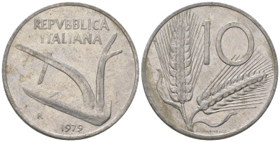 Италия 10 лир 1979 R, колосья, плуг KM 93 алюминий 4589-1133