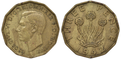 Великобритания 3 пенса 1942 Георг VI (1936-1952) KM 849, Spink 4112 никель латунь 62-231