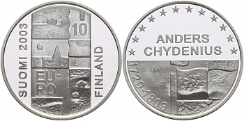 Финляндия 10 евро 2003 200 лет со дня смерти Андерса Чудениуса KM 110 серебро PROOF 11-148-45