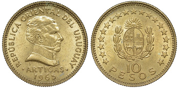 Уругвай 10 песо 1965 KM 48 алюминиевая бронза 4572-716