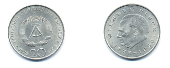 ГДР 20 марок 1972 А, Вильгельм Пик (1876-1960) KM 42 медно-никель 3333-332