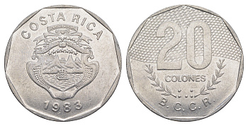 Коста-Рика 20 колонов 1983 KM 216.1 нержавеющая сталь 4645-731