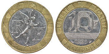 Франция 10 франков 1990 тип Гений Бастилии KM 964.1, Le Frank 375.5 биметалл 45-1023