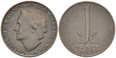 НИДЕРЛАНДЫ 1 ЦЕНТ 1948 ВИЛЬГЕЛЬМИНА (1890-1948) KM 107 бронза 214-1011