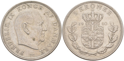 Дания 5 крон 1960 C; S, Фредерик IX (1947-1972) KM 853.1 медно-никель 4512-945