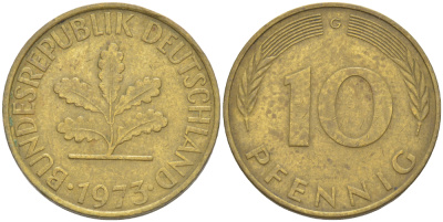 ФРГ 10 ПФЕННИГОВ 1973 G KM 108, J. 383 сталь плакированная латунью 4182-834