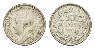 Нидерланды 10 центов 1938 Вильгельмина I (1890-1948) KM 163 серебро 4659-1159