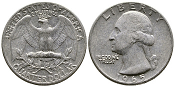 США 25 центов (квотер) 1965 Вашингтон KM 164а медь плакированная медно-никелем 4382-1244