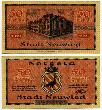 НОЙВИД, ГЕРМАНИЯ 50 ПФЕННИГОВ 1919 20 ОКТЯБРЯ 1919, НОТГЕЛЬД, ЗЕМЛЯ РЕЙЛАНД-ПФАЛЬЦ, ШЕСТИЗНАЧНЫЙ НОМЕР Grabowski 43.4 бумага UNC (ПРЕСС) 8613-29-3-2