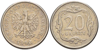 Польша 20 грошей 1998 MW KM 280, Parchimowicz 705f медно-никель 201-514