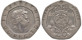 Великобритания 20 пенсов 2006 Елизавета II (1952-2022) KM 990, Spink 4630 (G3) медно-никель 4122-1143