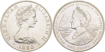Гибралтар 1 крона 1980 80 лет со дня рождения королевы матери Елизавете KM 11 медно-никель UNC 4527-434