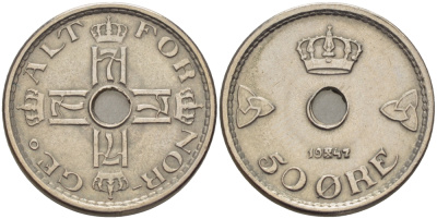 Норвегия 50 эре 1947 Хокон VII (1905-1957) KM 386 медно-никель 67-552