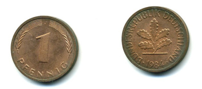 ФРГ 1 ПФЕННИГ 1984 J KM 105, J.380 сталь плакированная медью 46-2027