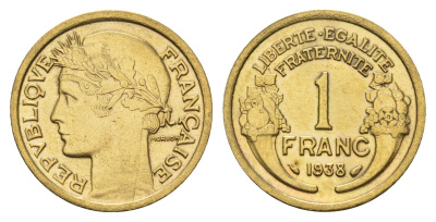 Франция 1 франк 1938 KM 885, Le Franc 219.2 алюминиевая бронза 3856-336