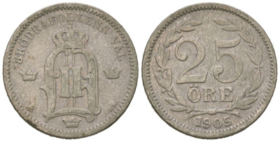 Швеция 25 эре 1905 EB, Оскар II (1872-1907) KM 739 серебро 44-351