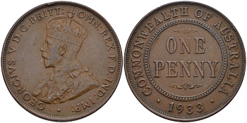 АВСТРАЛИЯ 1 ПЕННИ 1933 ГЕОРГ V (1910-1936) KM 23 бронза 82-733