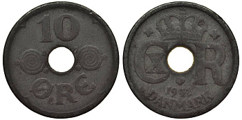 ДАНИЯ 10 ЭРЕ 1943 N; GJ, КРИСТИАН X (1912-1947) KM 822.2а цинк 4549-865