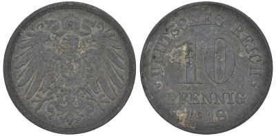 ГЕРМАНИЯ 10 ПФЕННИГОВ 1918 KM 26, J. 299 цинк 45-1248