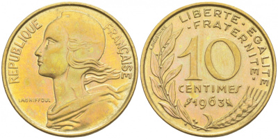 ФРАНЦИЯ 10 САНТИМОВ 1963 ТИП MARIANE KM 929, LE FRANC 144.3 алюминиевая бронза 44-956