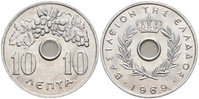 Греция 10 лепт 1969 Константин II (1964-1973), виноградная гроздь KM 78 алюминий UNC 4141-343
