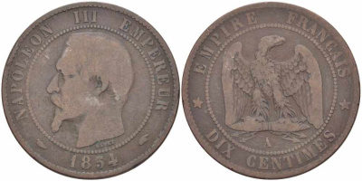 ФРАНЦИЯ 10 САНТИМОВ 1854 A, НАПОЛЕОН III (1852-1870) KM 771.1, LE FRANC 133.10 бронза 38-924