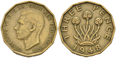 Великобритания 3 пенса 1948 Георг VI (1937-1952) KM 849, Spink 4112 никель латунь 4561-1013