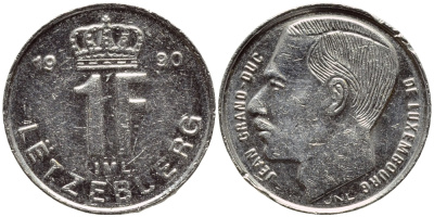 Люксембург 1 франк 1990 Герцог Жан (1964-1999) KM 63 сталь плакированная никелем 4396-1143