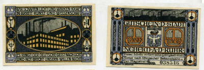 НЕХАЙМ-НА-РУРЕ 1 МАРКА 1922 НОТГЕЛЬД Grabowski 931.1a бумага 51-3211