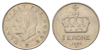Норвегия 1 крона 1990 Улаф V (1957-1991) KM 419 медно-никель 190-943