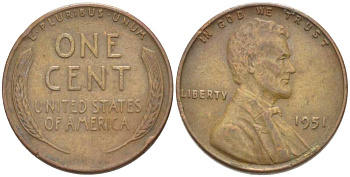 США 1 ЦЕНТ 1951 ЛИНКОЛЬН KM А132 медь цинк 218-547