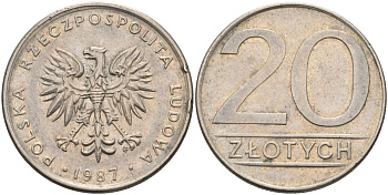 Польша 20 злотых 1987 MW, Народная Республика KM 153.1, Parchimowicz 254d медно-никель 4575-745