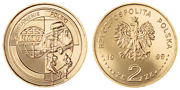 Польша 2 злотых 1999 MW, вступление Польши в НАТО KM 357 нордик  UNC  4521-432